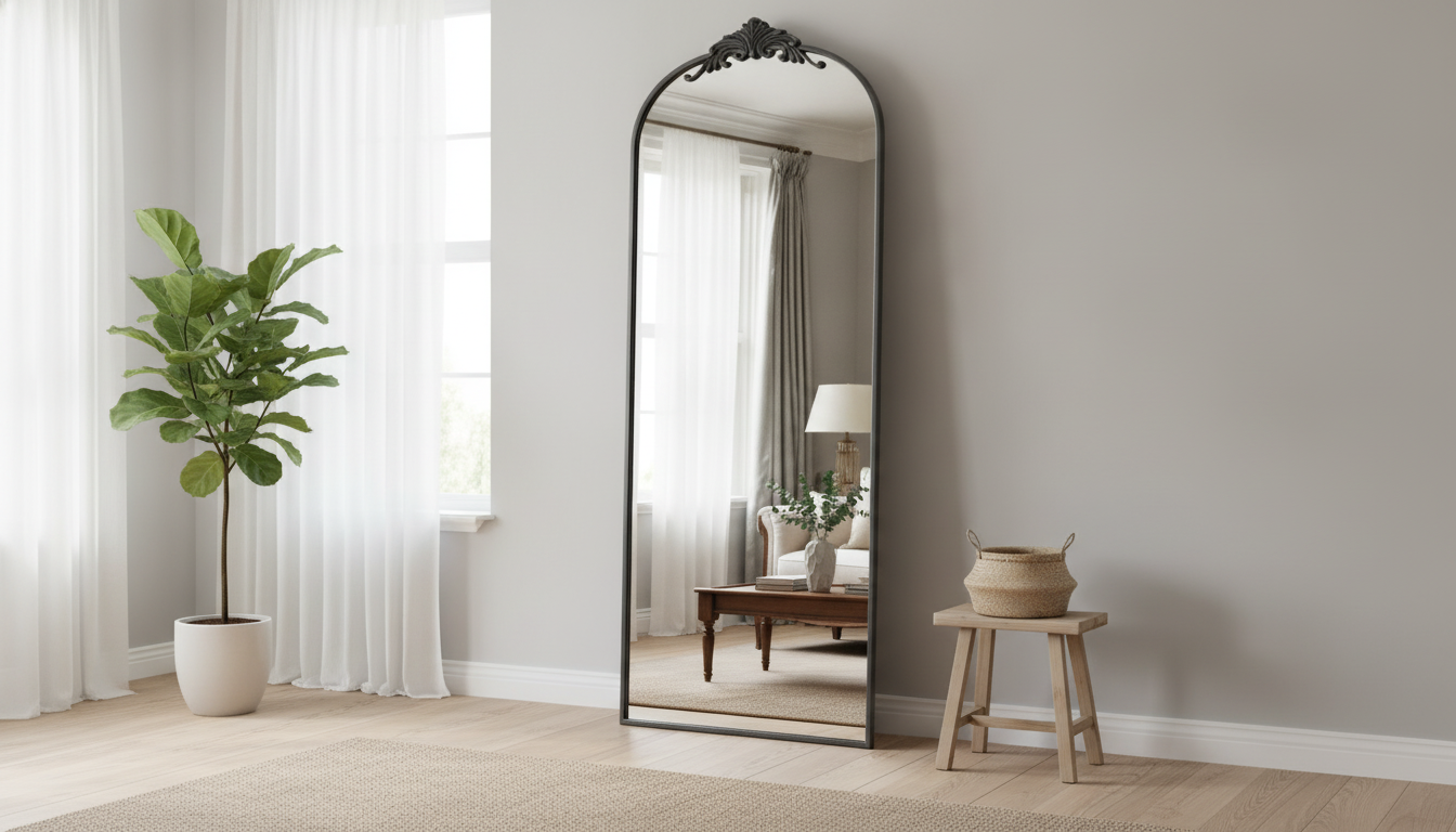 64x21 Arched Freestanding Floor Mirror, Carved Metal