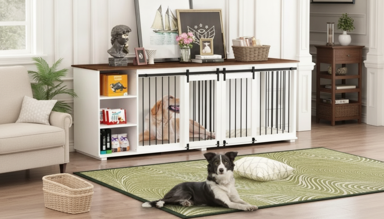 86.6" Wooden Dog Crate Furniture with Shelves & Divider