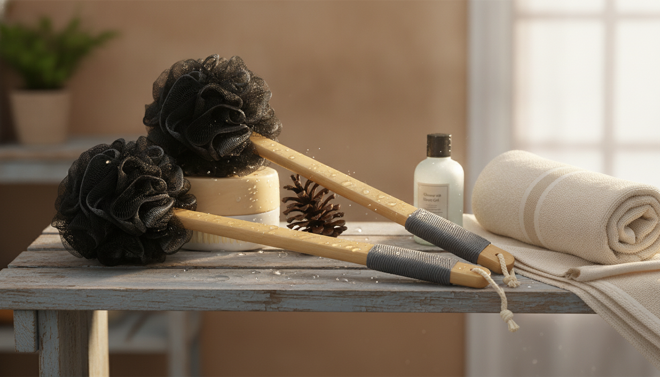 Bamboo Long-Handle Bath Brush: Loofah + Gel Dispenser
