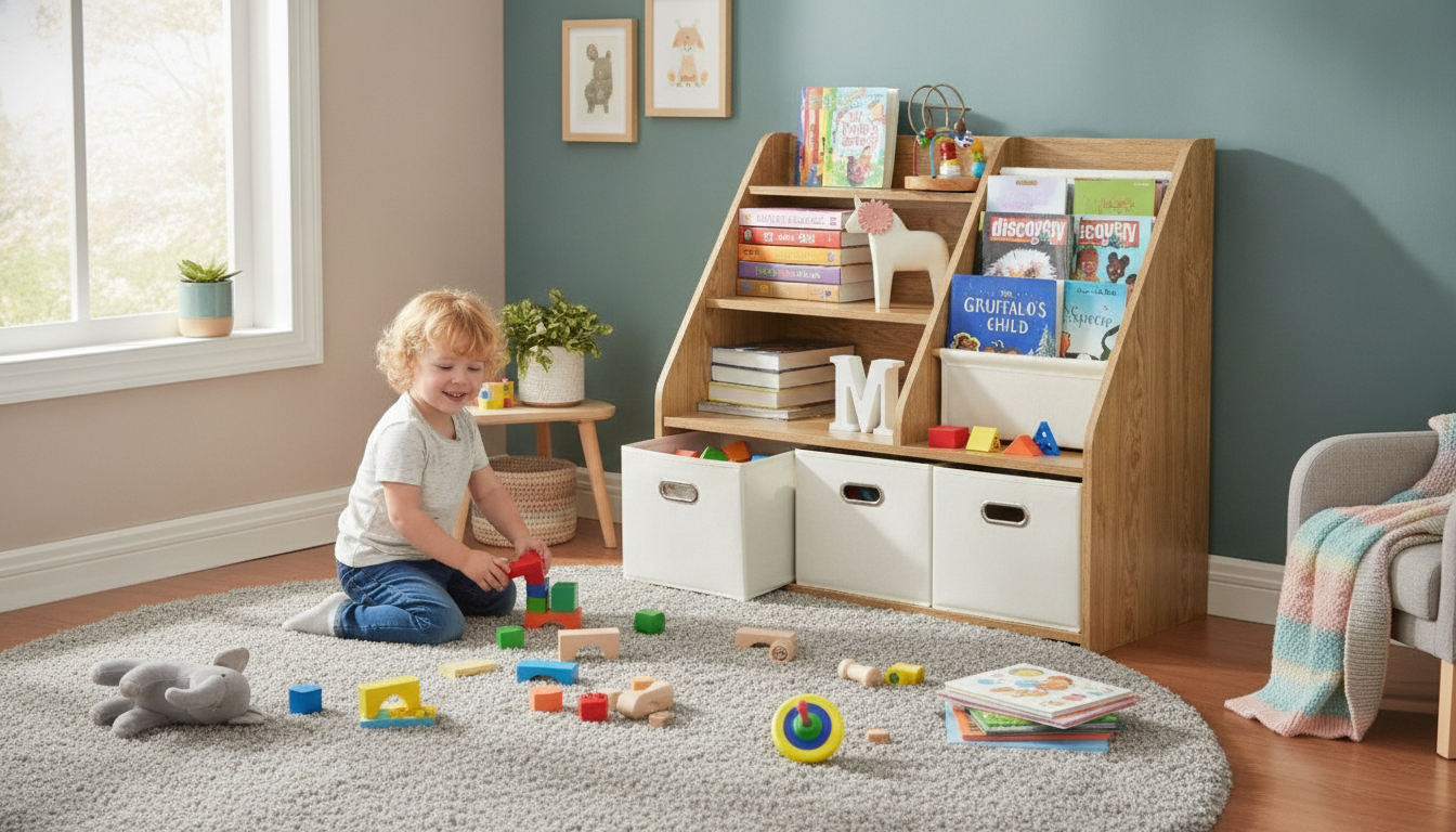 Kids Bookshelf With Toy Storage Bins for Easy Cleanup