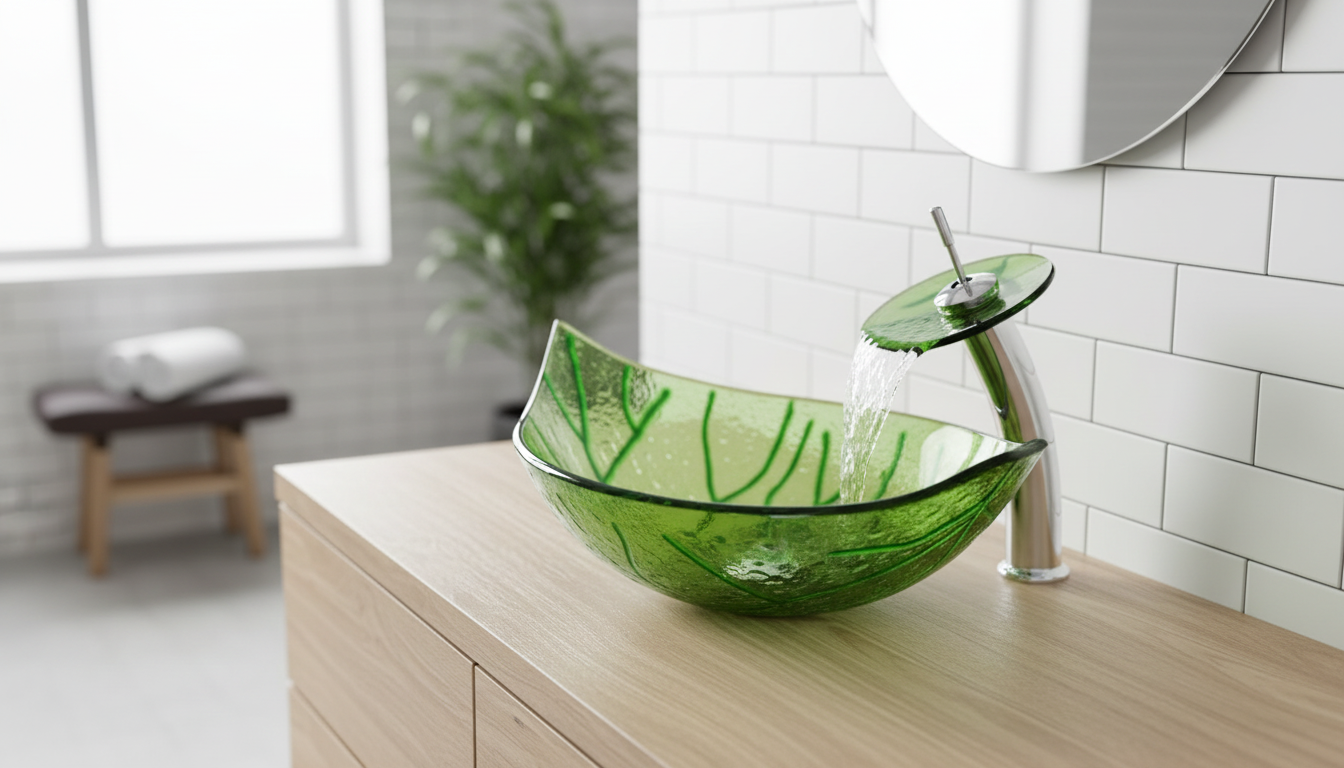 Leaf Glass Vessel Sink Set: Waterfall Faucet + Pop-Up