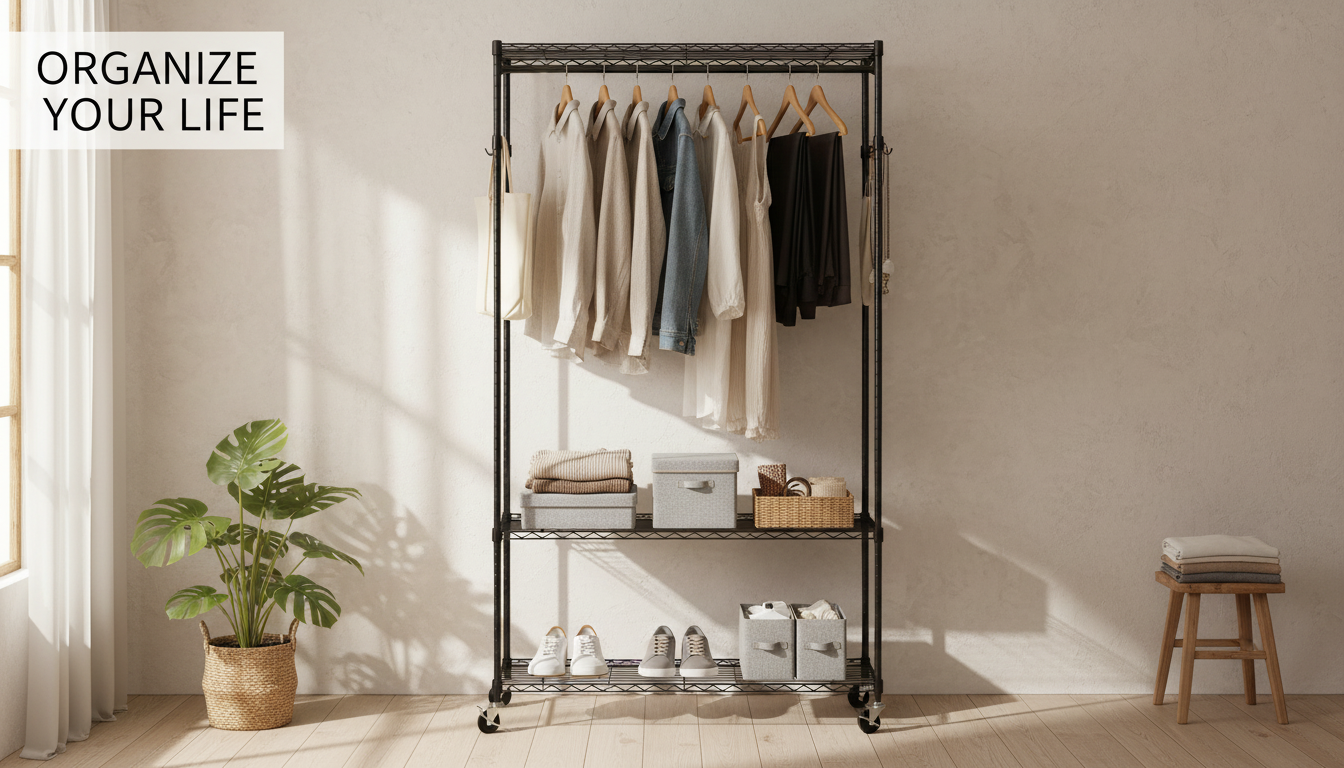 Rolling Garment Rack: Adjustable Height + 3 Storage Tiers